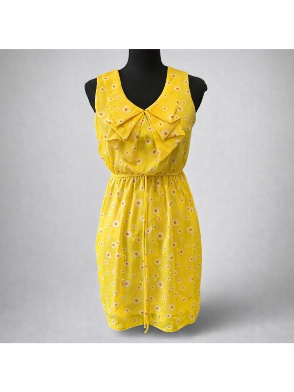 V-neck daisy print layered ruffle dress Small sleeveless garden yellow Y2K bow